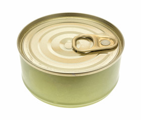 Unopened food tin on a white background