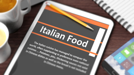 Tabletop with various objects focused on tablet with "Italian Food" content on screen