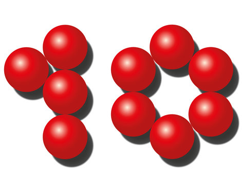 Ten red balls that look like number TEN. Isolated vector illustration on white.