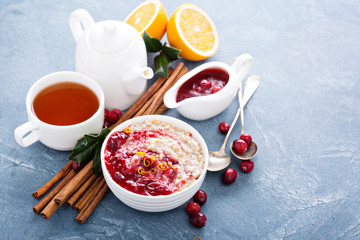 Christmas morning breakfast oatmeal with cranberry