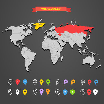 World map infographic template with different markers. All count