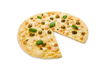 Delicious seafood pizza piece with olives