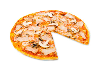 Delicious pizza with mushrooms and smoked chicken