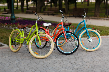 Naklejka premium Three beautiful lady city bikes