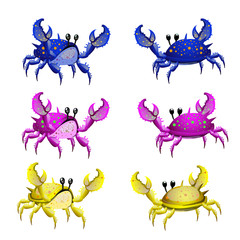 Set of three colorful crab isolated from two sides