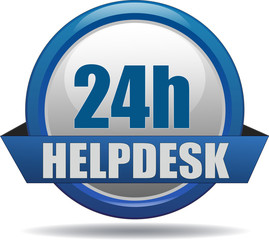24H HELPDESK / realistic modern glossy 3D eps vector sign / icon in blue with a banderole