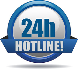 24H HOTLINE / realistic modern glossy 3D eps vector sign / icon in blue with a banderole