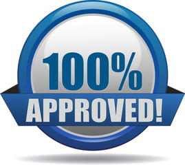 100% APPROVED / realistic modern glossy 3D eps vector sign / icon in blue with a banderole