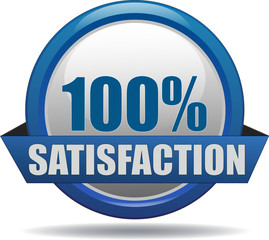 100% SATISFACTION / realistic modern glossy 3D eps vector sign / icon in blue with a banderole