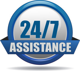 24/7 ASSISTANCE / realistic modern glossy 3D eps vector sign / icon in blue with a banderole