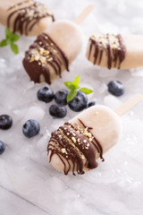 Banana and peanut butter popsicles with chocolate