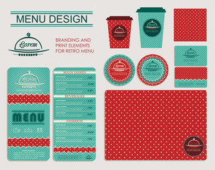 Branding and print elements for cafe. Template for branding identity restaurant or cafe. Set of menu, business cards, labels. Retro design concept in turquoise and red.