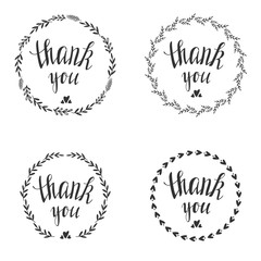 Set of four decorative frames with thank you text. Collection of decorative botanical borders. Vector  