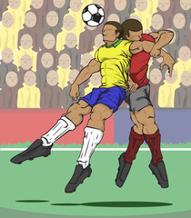 Vector illustration two players fighting for the ball and fan ball background