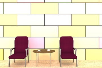 Two upholstered chairs with glass table interior