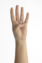 Female Hand / High resolution image of female hand showing number four shot in studio on white background