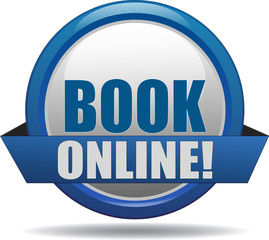 BOOK ONLINE / realistic modern glossy 3D eps vector sign / icon in blue with a banderole