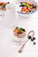 Granola with fresh berries in a blue bowl