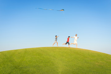 Running with kite on summer holiday vacation, perfect meadow and