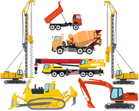 Set the isolation of heavy equipment for construction and repair on a white background. Construction and road works. Vector illustration