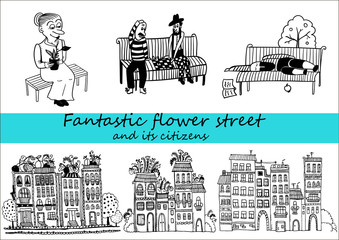 Fototapeta premium beautiful houses in the style of doodle and their inhabitants set of character comic vector illustration