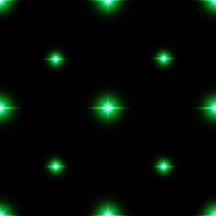 Seamless pattern of luminous stars. Illusion of light flashes. Green flames on a black background. Abstract background. Vector illustration. 