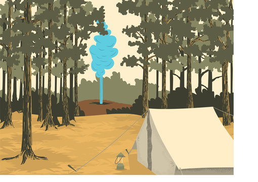 Vector-style illustration of a camp site at Yellowstone National Park with a geyser in the background.