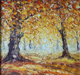 Plakat forest strewn with yellow leaves. Trees in Fall