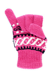 close up pink winter glove gesturing hand sign for for make friendly again symbol isolated on white background, vertical image