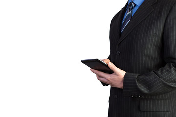 Man in a suit holding a ipad