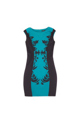 black and turquoise dress with patterned dress on white backgrou