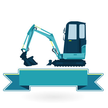 Blue small digger builds roads, loads building material. Bagger digging of sand coal waste rock and gravel. Golden illustration for banner or icon. Digger Crane Small Bagger Mix Roller Extravator