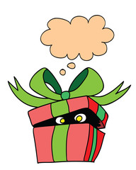 Surprise gift box - vector illustration of red present box with hidden creature inside it and with think bubble as frame for text. Retro cartoon surprise present box, cute and funny. Comic book art.