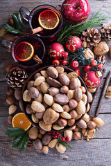 Variety of nuts with shells in a bowl