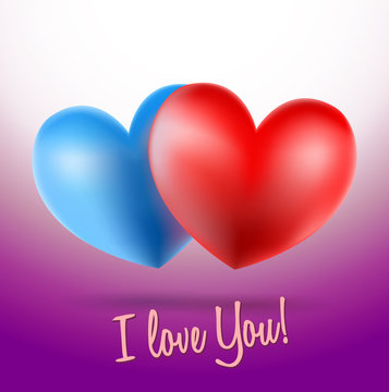 blue and red heart symbols on violet background and i love you w