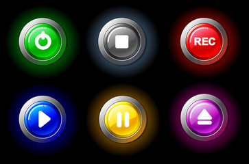 Glowing buttons with video characters on a dark background