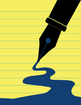 Stylized black fountain pen writing a thick outline of blue ink against the background of a lined yellow paper legal pad