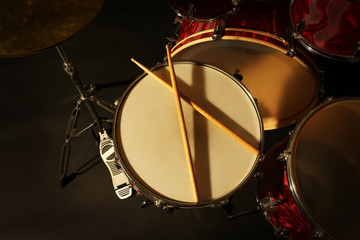 Naklejka na ściany i meble Drums set and sticks, close-up