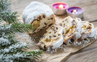 Stollen with snowy fir branch