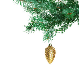 Fototapeta na wymiar Christmas toy on a fir branch, isolated on white