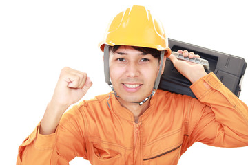 ガッツポーズの労働者