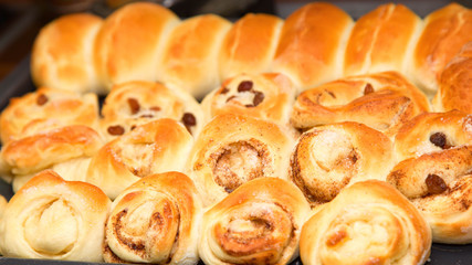 The fresh buns and pies which are just baked
