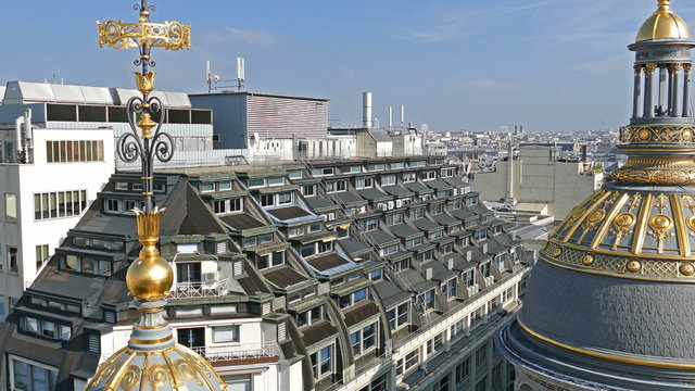Aerial view from the terrace of store Printemps (founded in 1865) in Paris - largest beauty Department Store in world with 45000 square meters of shopping.