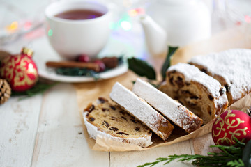 Christmas stollen with tea