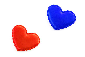 Two hearts. Fabric blue and red heart isolated on white background.