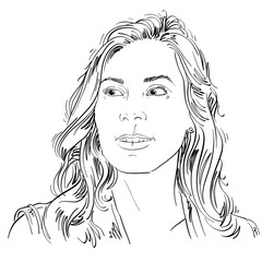 Hand-drawn portrait of white-skin woman, face emotions theme ill