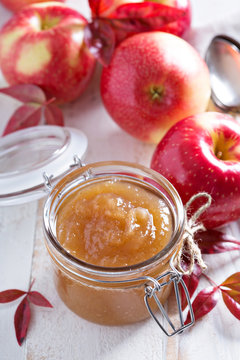 Homemade apple butter in glass jars