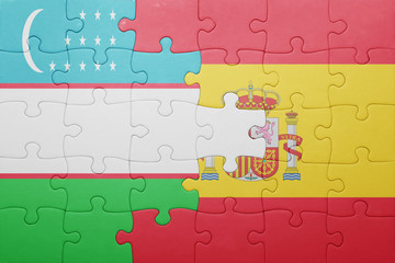 puzzle with the national flag of spain and uzbekistan