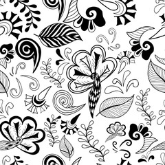 Black-white floral magic seamless pattern. Vector illustration.