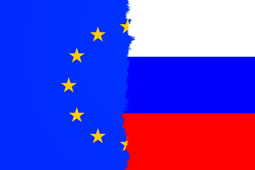 EU and Russia torn flag. Conceptual and symbolic illustration of the situation between EU and Russia. 